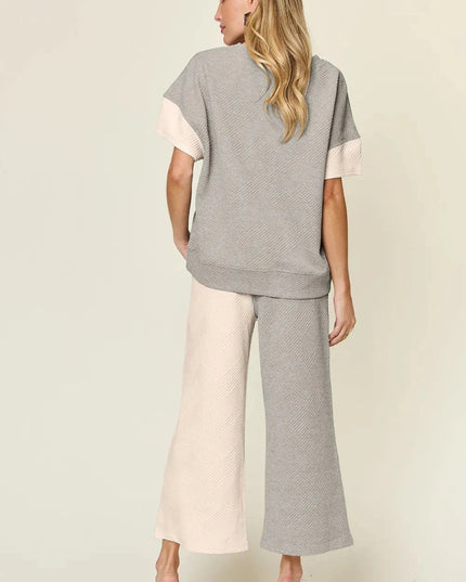 Double Take Full Size Texture Contrast T-Shirt and Wide Leg Pants Set - Trendsi
