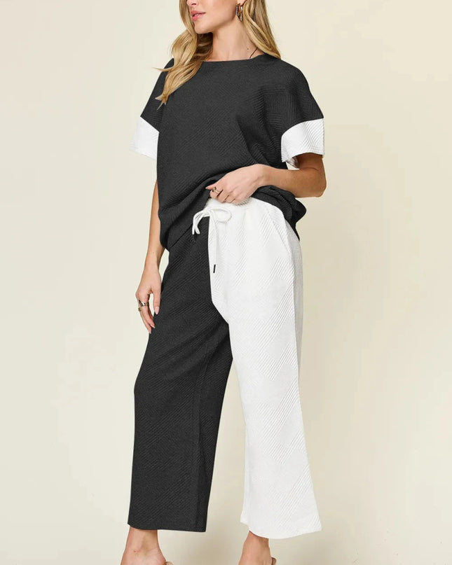 Double Take Full Size Texture Contrast T-Shirt and Wide Leg Pants Set - Trendsi