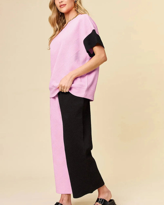 Double Take Full Size Texture Contrast T-Shirt and Wide Leg Pants Set - Trendsi