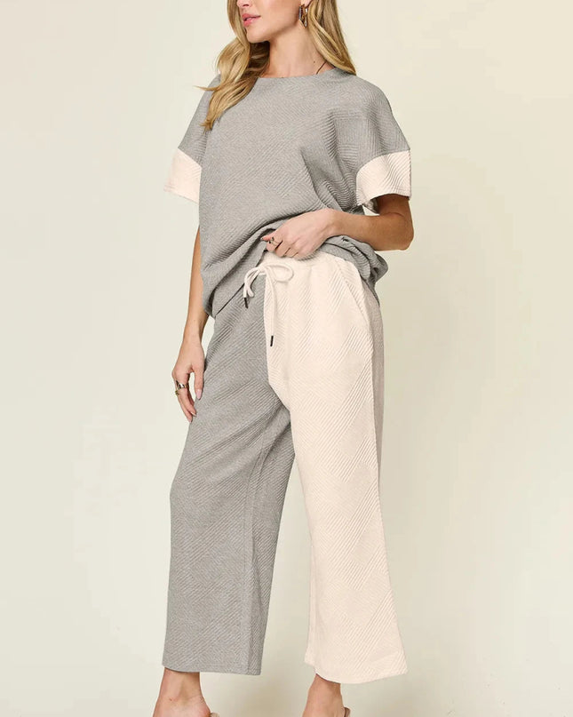 Double Take Full Size Texture Contrast T-Shirt and Wide Leg Pants Set - Trendsi