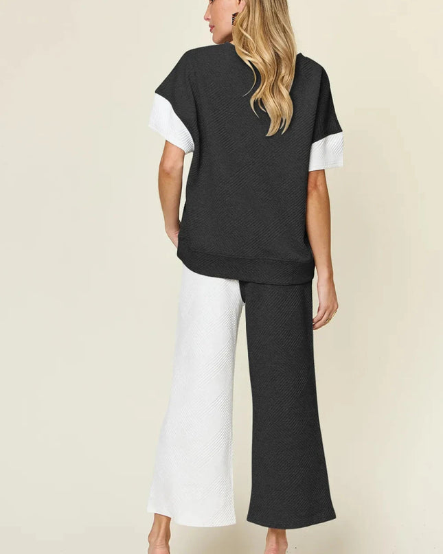 Double Take Full Size Texture Contrast T-Shirt and Wide Leg Pants Set - Trendsi