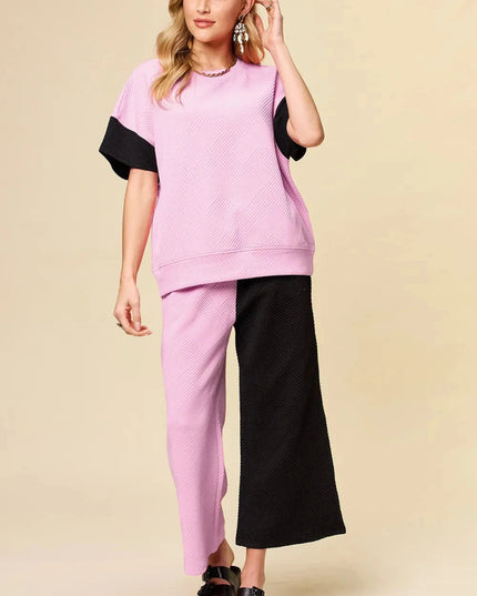 Double Take Full Size Texture Contrast T-Shirt and Wide Leg Pants Set - Trendsi