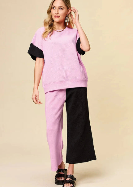 Double Take Full Size Texture Contrast T-Shirt and Wide Leg Pants Set - Trendsi