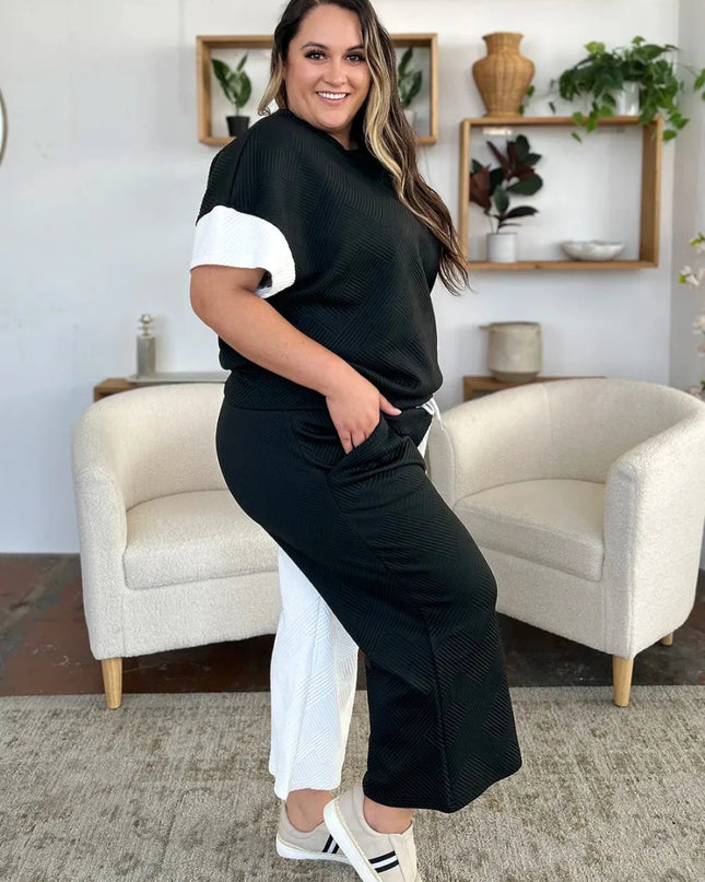 Double Take Full Size Texture Contrast T-Shirt and Wide Leg Pants Set - Trendsi