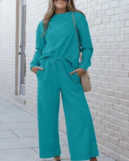 Double Take Full Size Textured Long Sleeve Top and Drawstring Pants Set - Trendsi