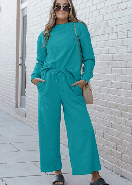 Double Take Full Size Textured Long Sleeve Top and Drawstring Pants Set - Trendsi