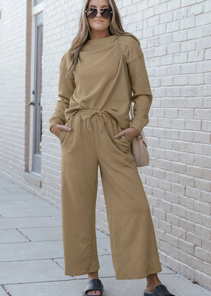 Double Take Full Size Textured Long Sleeve Top and Drawstring Pants Set - Trendsi