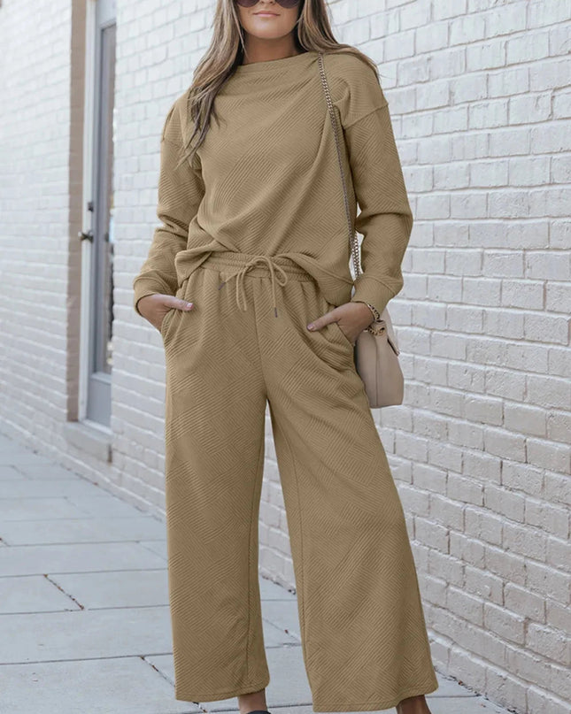 Double Take Full Size Textured Long Sleeve Top and Drawstring Pants Set - Trendsi