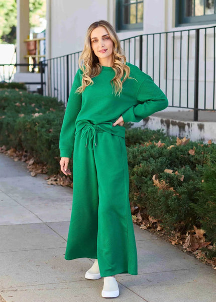 Double Take Full Size Textured Long Sleeve Top and Drawstring Pants Set - Trendsi