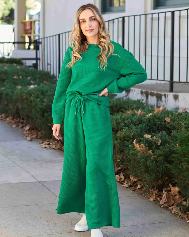Double Take Full Size Textured Long Sleeve Top and Drawstring Pants Set - Trendsi