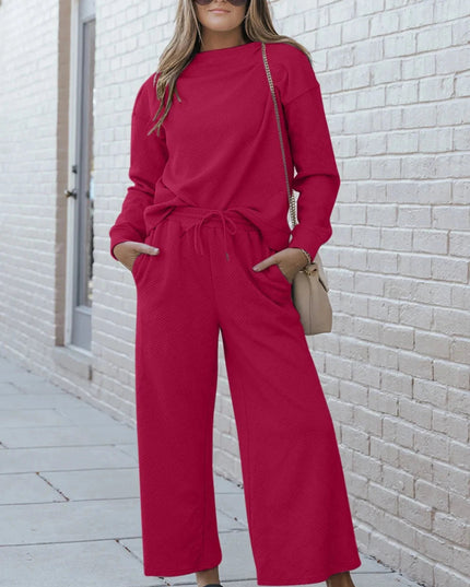 Double Take Full Size Textured Long Sleeve Top and Drawstring Pants Set - Trendsi