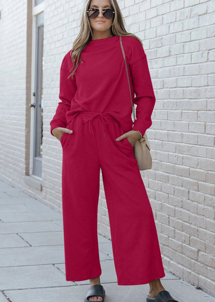 Double Take Full Size Textured Long Sleeve Top and Drawstring Pants Set - Trendsi