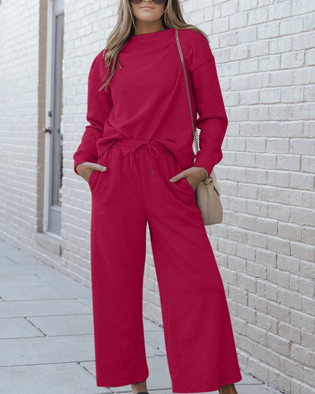 Double Take Full Size Textured Long Sleeve Top and Drawstring Pants Set - Trendsi