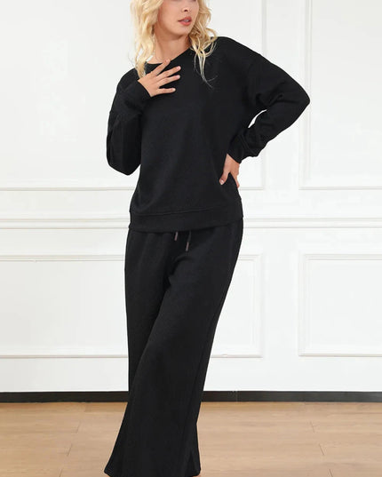 Double Take Full Size Textured Long Sleeve Top and Drawstring Pants Set - Trendsi