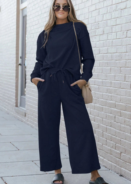 Double Take Full Size Textured Long Sleeve Top and Drawstring Pants Set - Trendsi