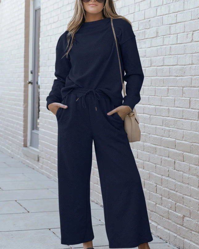 Double Take Full Size Textured Long Sleeve Top and Drawstring Pants Set - Trendsi