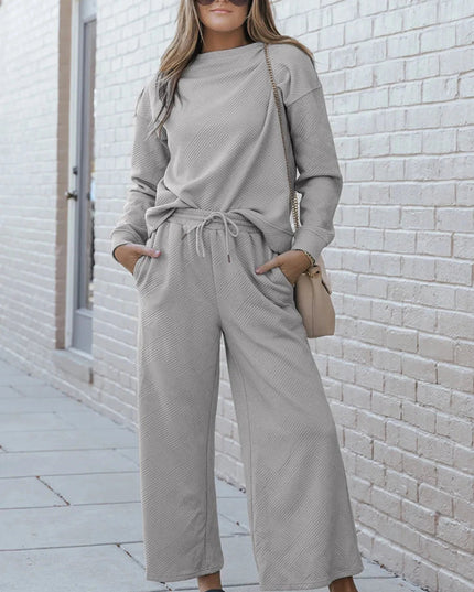 Double Take Full Size Textured Long Sleeve Top and Drawstring Pants Set - Trendsi