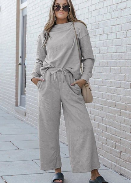 Double Take Full Size Textured Long Sleeve Top and Drawstring Pants Set - Trendsi