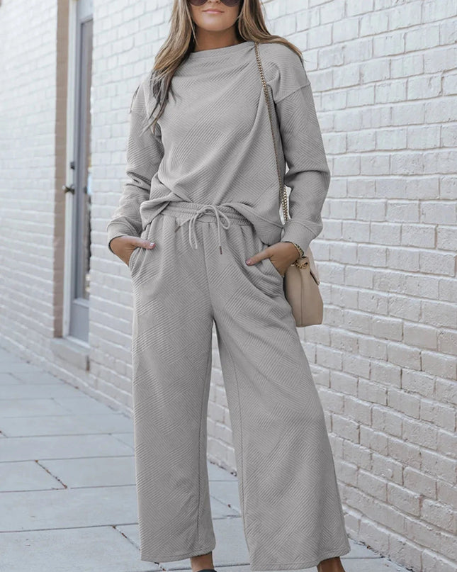 Double Take Full Size Textured Long Sleeve Top and Drawstring Pants Set - Trendsi