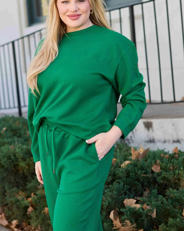 Double Take Full Size Textured Long Sleeve Top and Drawstring Pants Set - Trendsi