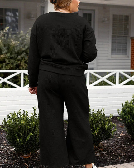 Double Take Full Size Textured Long Sleeve Top and Drawstring Pants Set - Trendsi