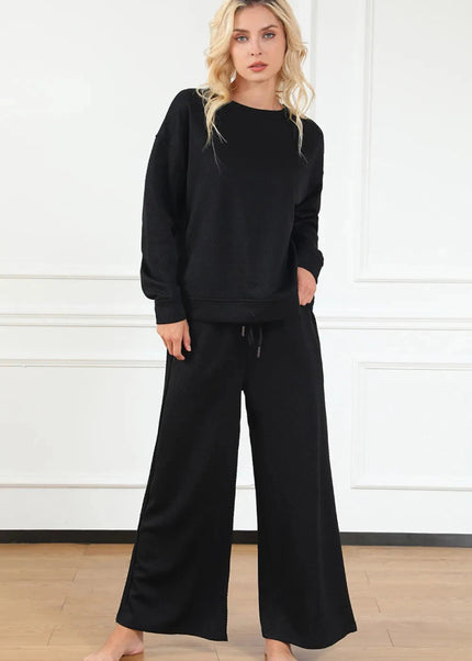 Double Take Full Size Textured Long Sleeve Top and Drawstring Pants Set - Trendsi