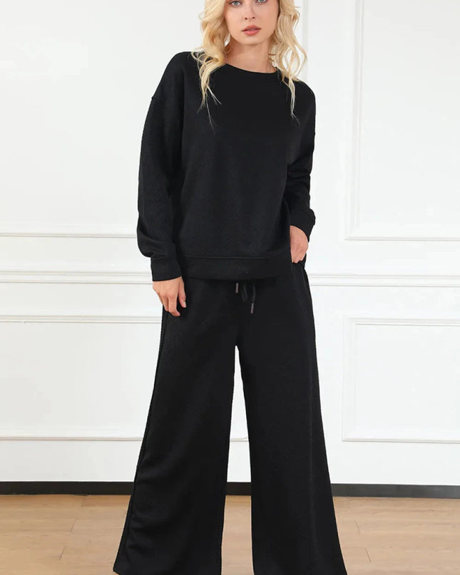 Double Take Full Size Textured Long Sleeve Top and Drawstring Pants Set - Trendsi