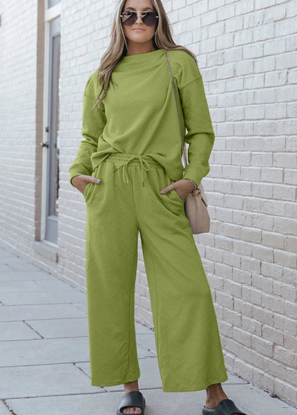 Double Take Full Size Textured Long Sleeve Top and Drawstring Pants Set - Trendsi