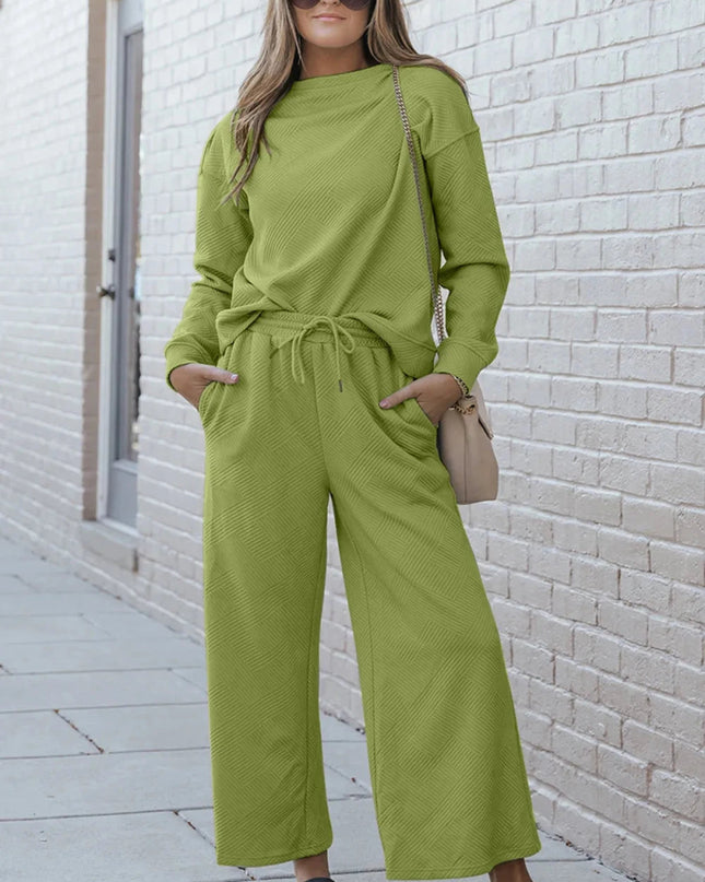Double Take Full Size Textured Long Sleeve Top and Drawstring Pants Set - Trendsi