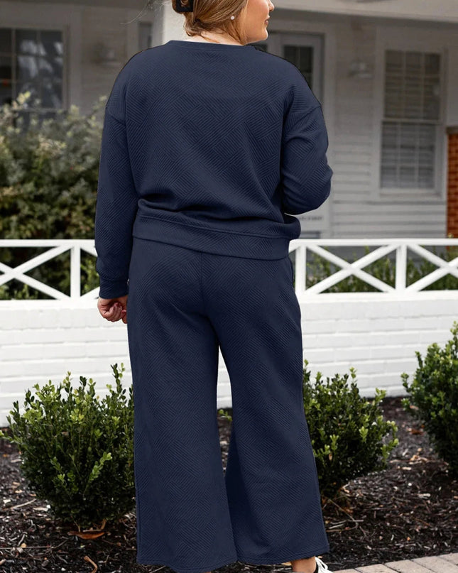 Double Take Full Size Textured Long Sleeve Top and Drawstring Pants Set - Trendsi