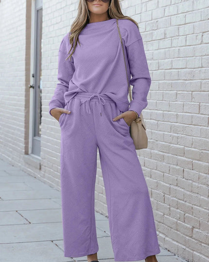 Double Take Full Size Textured Long Sleeve Top and Drawstring Pants Set - Trendsi