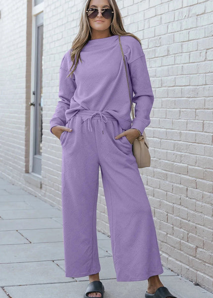 Double Take Full Size Textured Long Sleeve Top and Drawstring Pants Set - Trendsi