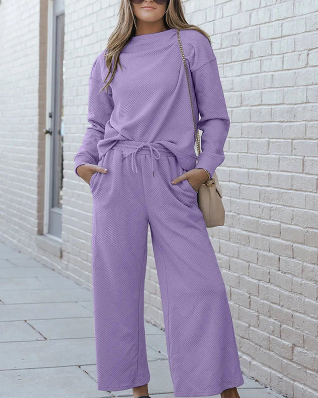 Double Take Full Size Textured Long Sleeve Top and Drawstring Pants Set - Trendsi
