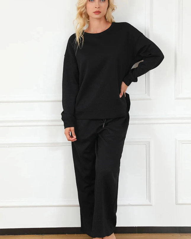 Double Take Full Size Textured Long Sleeve Top and Drawstring Pants Set - Trendsi