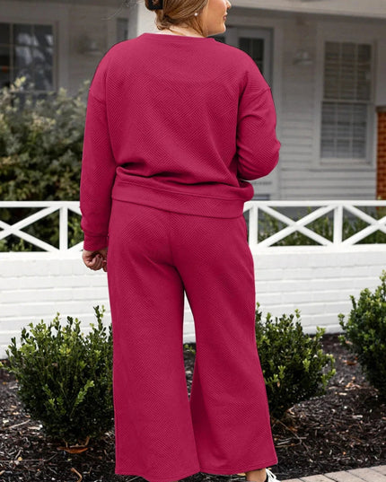 Double Take Full Size Textured Long Sleeve Top and Drawstring Pants Set - Trendsi