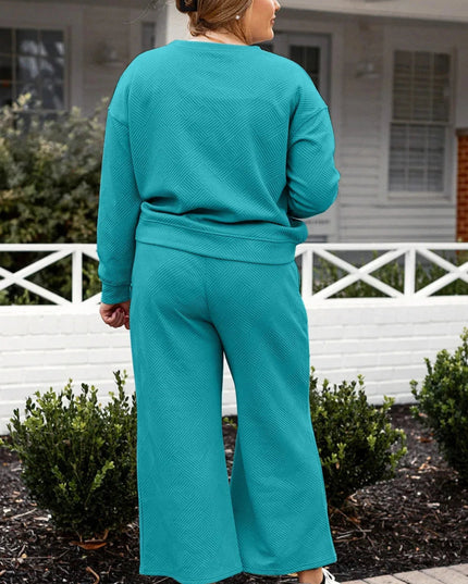 Double Take Full Size Textured Long Sleeve Top and Drawstring Pants Set - Trendsi