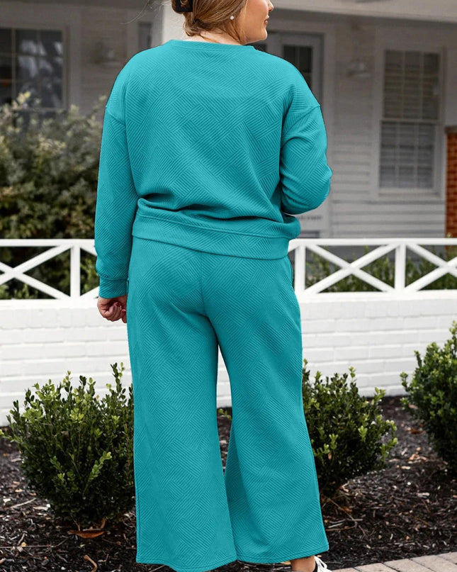 Double Take Full Size Textured Long Sleeve Top and Drawstring Pants Set - Trendsi