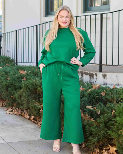 Double Take Full Size Textured Long Sleeve Top and Drawstring Pants Set - Trendsi