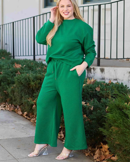 Double Take Full Size Textured Long Sleeve Top and Drawstring Pants Set - Trendsi