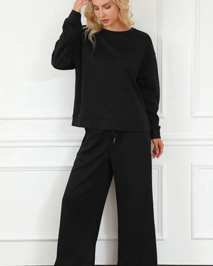 Double Take Full Size Textured Long Sleeve Top and Drawstring Pants Set - Trendsi