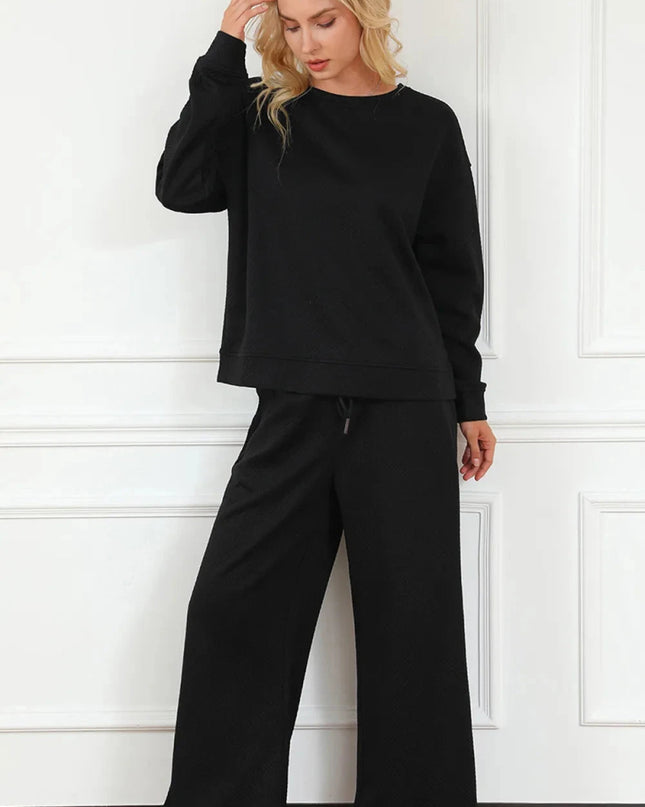 Double Take Full Size Textured Long Sleeve Top and Drawstring Pants Set - Trendsi