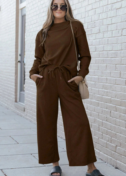 Double Take Full Size Textured Long Sleeve Top and Drawstring Pants Set - Trendsi