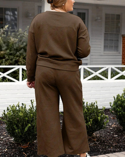 Double Take Full Size Textured Long Sleeve Top and Drawstring Pants Set - Trendsi