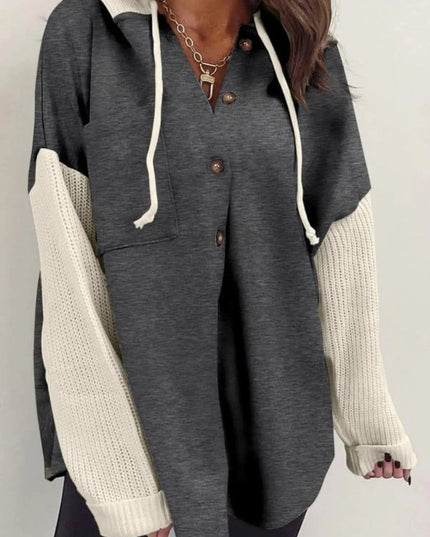 Drawstring Button Front Hoodie - Trendsi