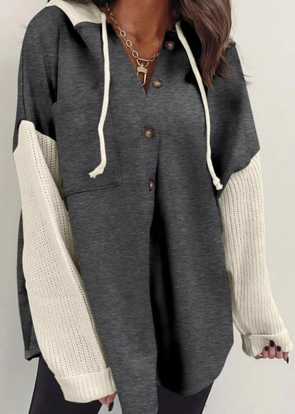 Drawstring Button Front Hoodie - Trendsi