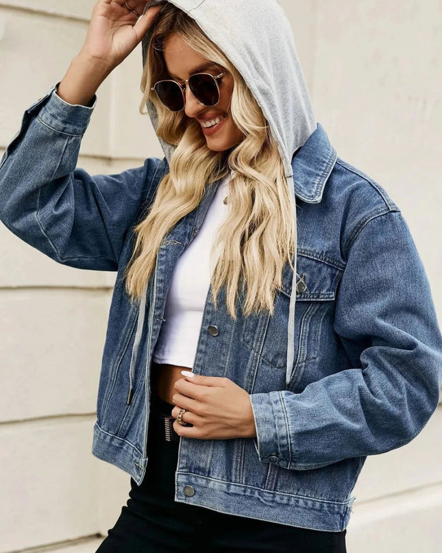 Drawstring Hooded Button Up Denim Jacket - Trendsi