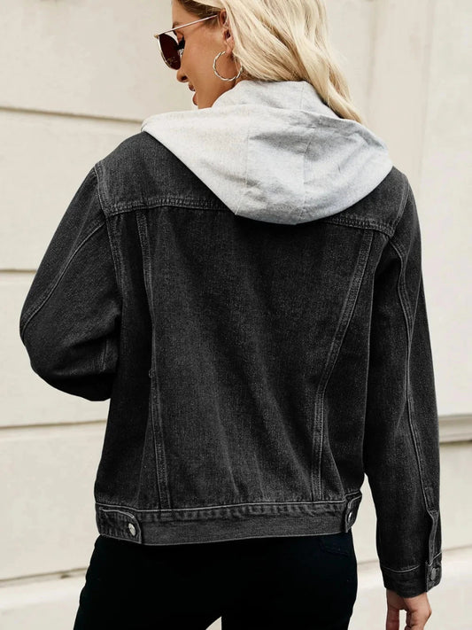 Drawstring Hooded Button Up Denim Jacket - Trendsi
