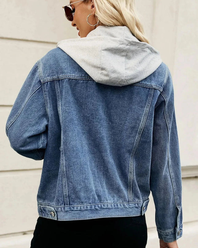 Drawstring Hooded Button Up Denim Jacket - Trendsi