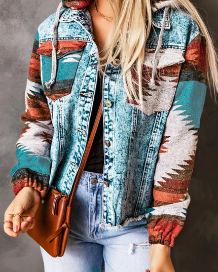 Drawstring Hooded Pocketed Denim Jacket - Trendsi