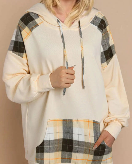 Drawstring Plaid Long Sleeve Hoodie - Trendsi